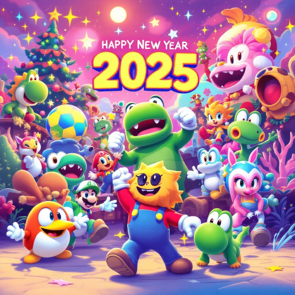 AI generated: vibrant happy new year 2025 artwork with video game characters from nintendo and playstation mdjrny-...