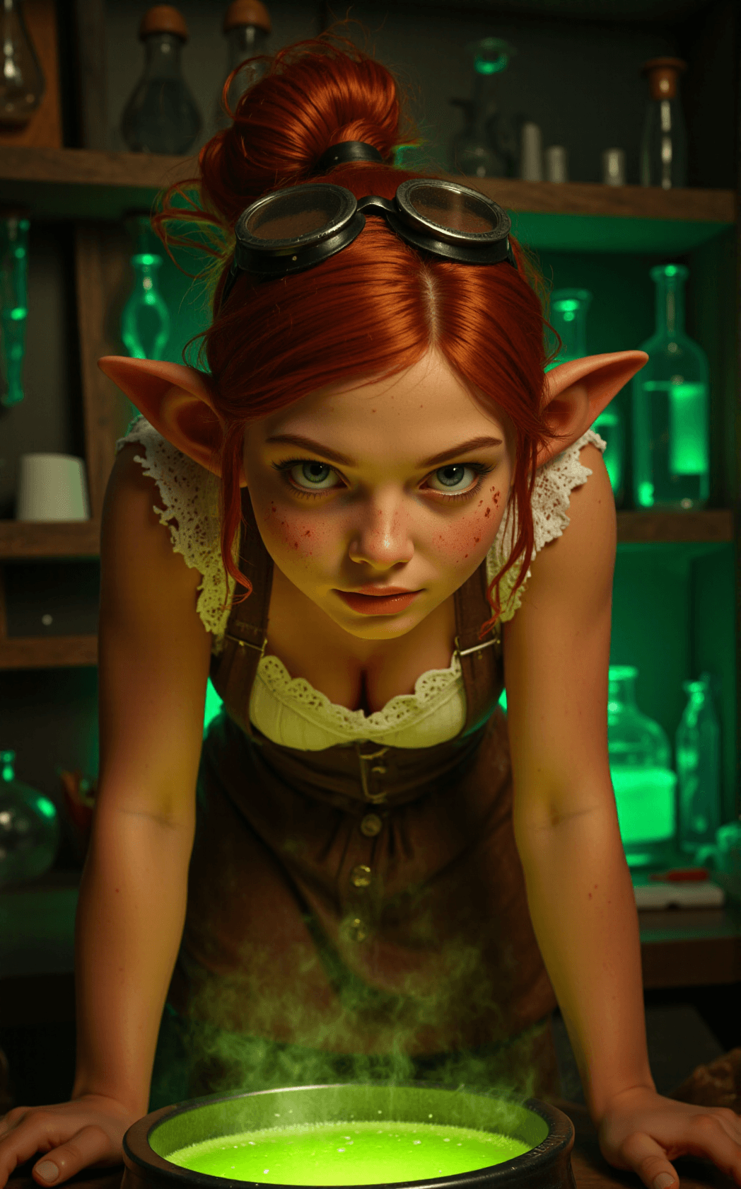 AI generated: A candid macro close-up faces the camera as a young gnome girl leans over a bubbling cauldron, her w...