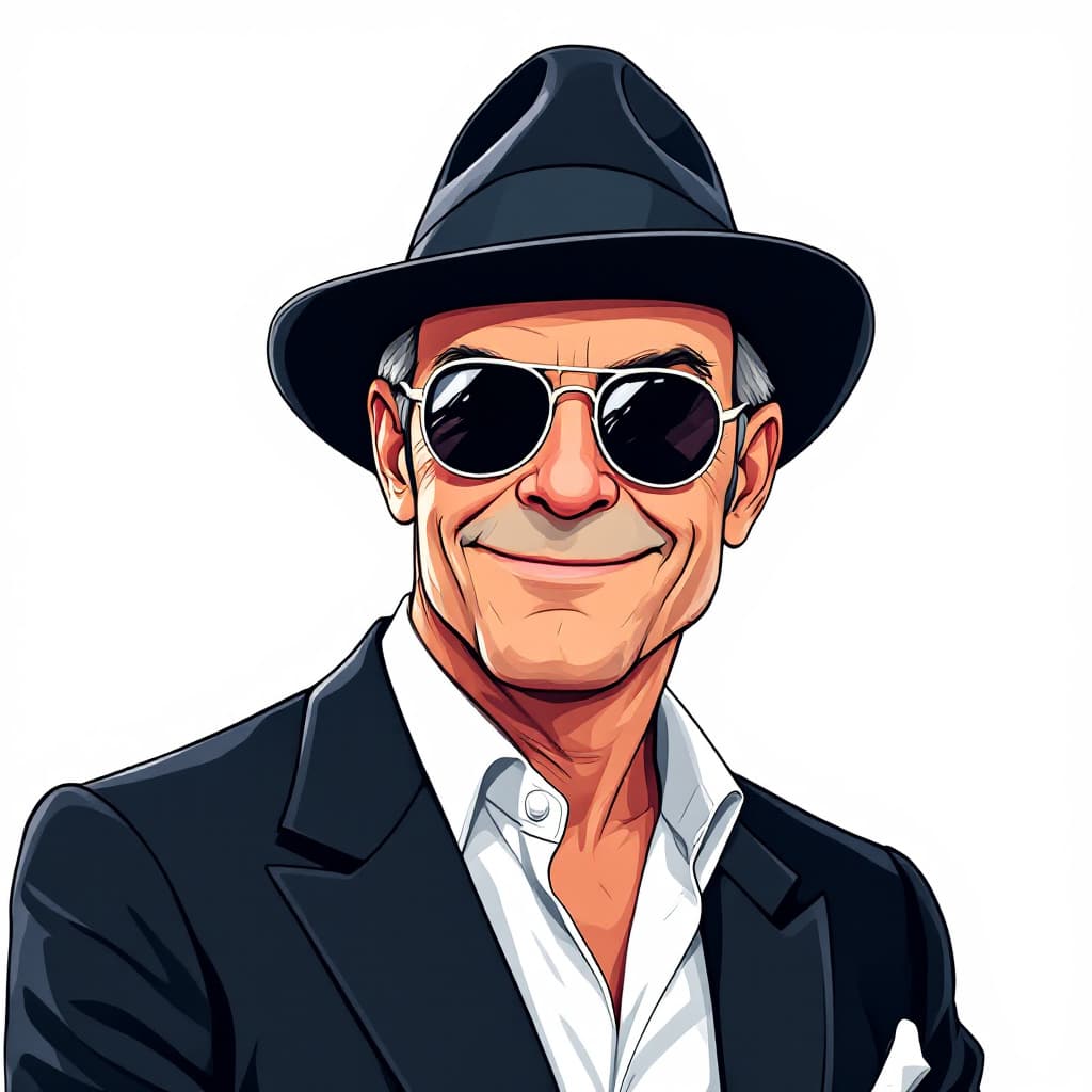AI generated: Cartoon portrait of a 60s crooner singer with hat, sunglasses and smirk. Dressed in evening clothes....