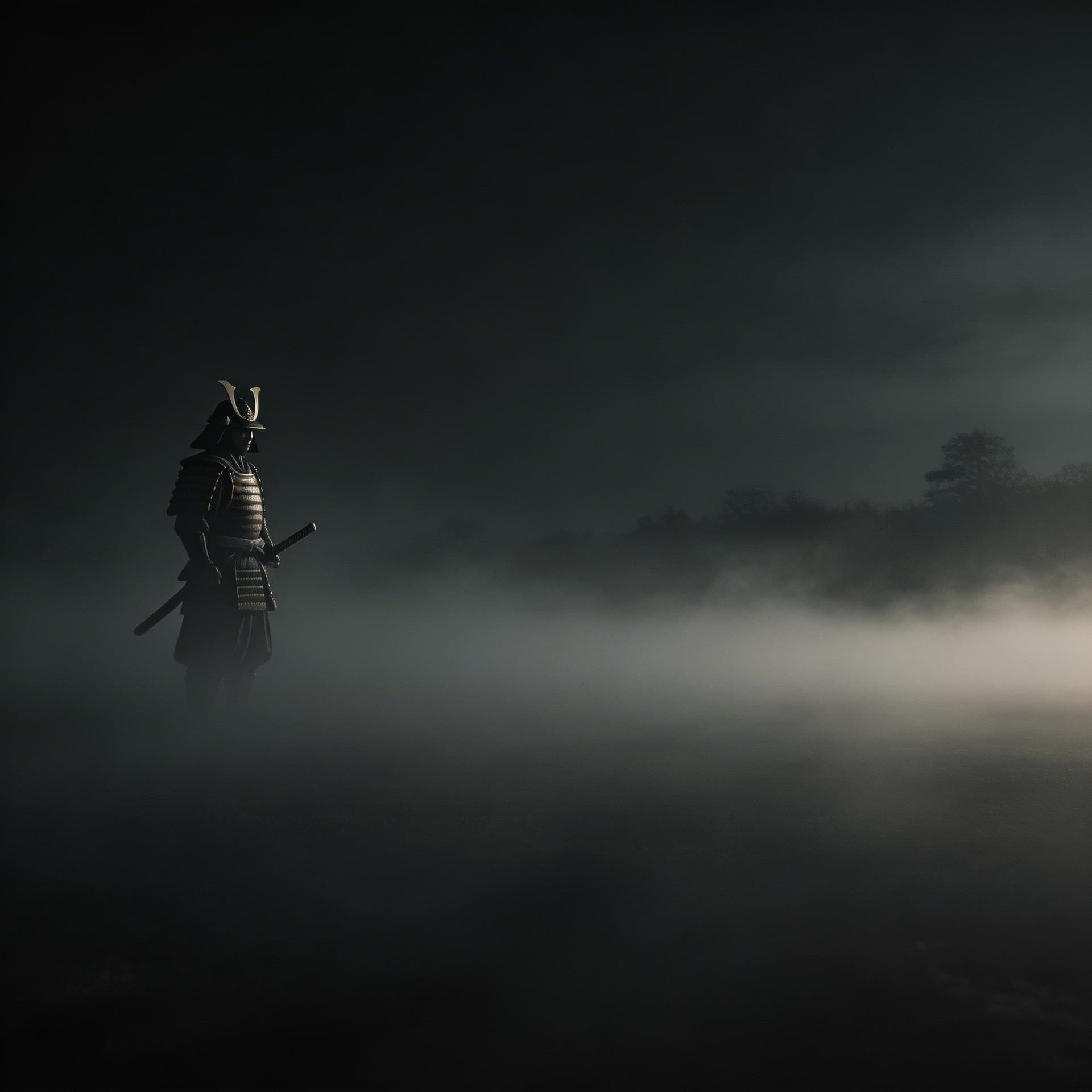 AI generated: dark cinematic background, faint silhouette of a lone samurai in fog, minimal composition, deep shad...