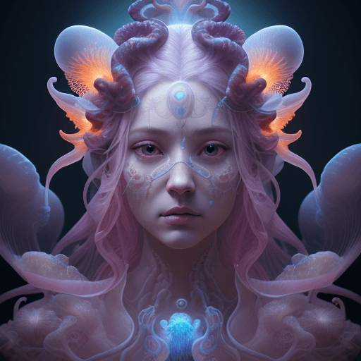 AI generated: Goddess close-up portrait ribcagel. jellyfish phoenix head, nautilus, orchid, skull, betta fish, bio...