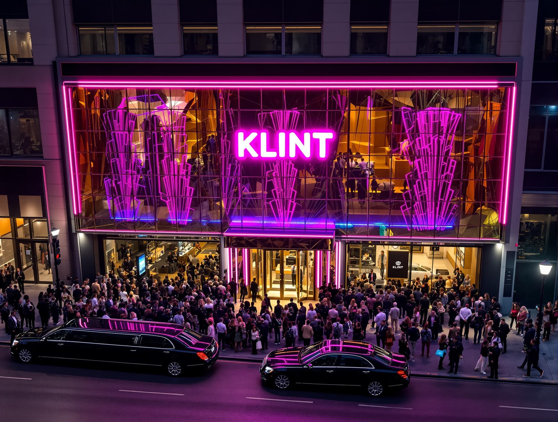AI generated: High angle view. The facade of the fanciest nightclub in town, with reflective panels, located in th...