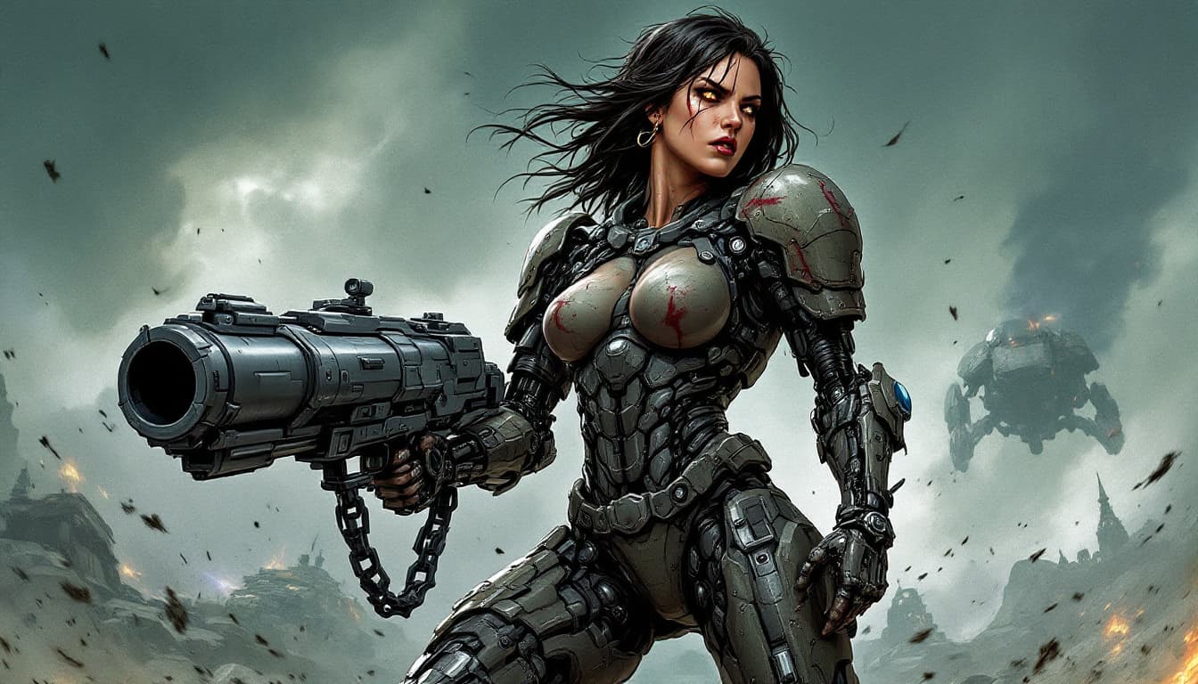 AI generated: ((comic novel)), woman, solider, mechanical right arm, real left arm, mechanical left leg, real righ...
