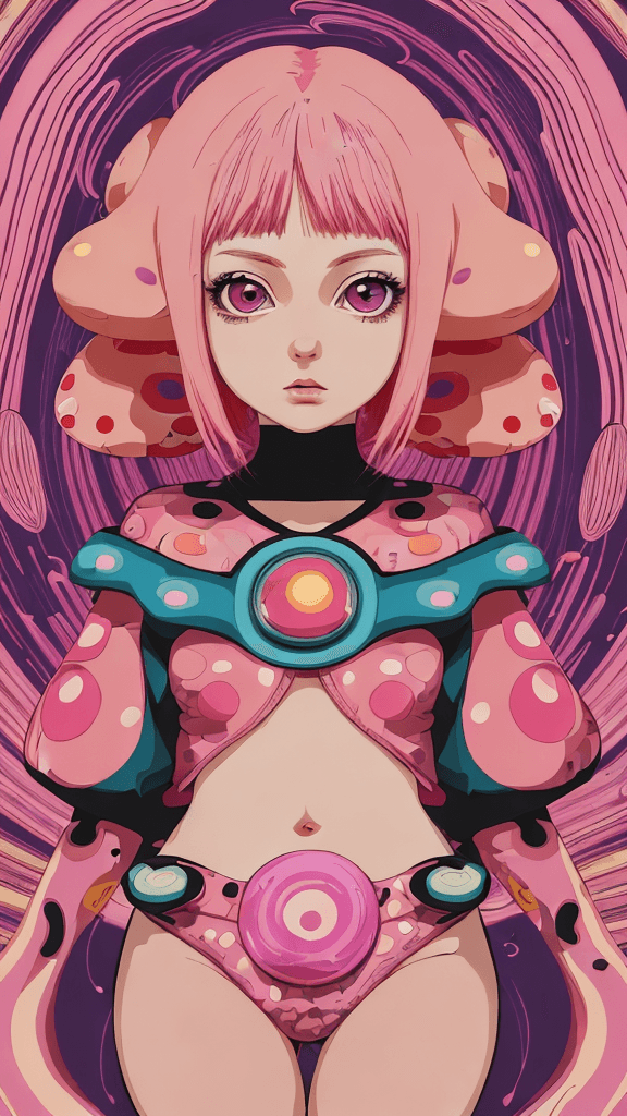 AI generated: in a funky background portrait of little mushroom woman, pink hair, Prominent eyes, funky background...