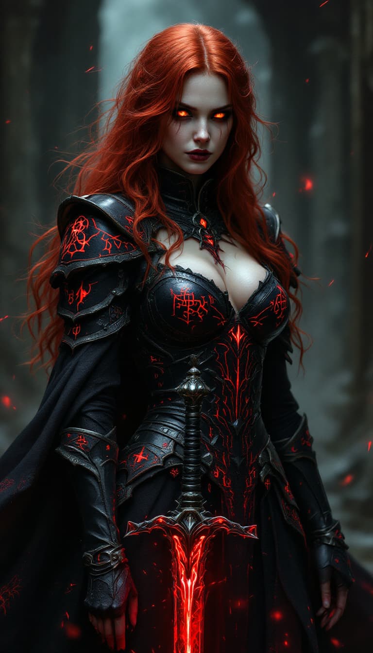 AI generated: A crimson-haired sorceress stands before me, her fiery locks and blazing eyes piercing through the d...