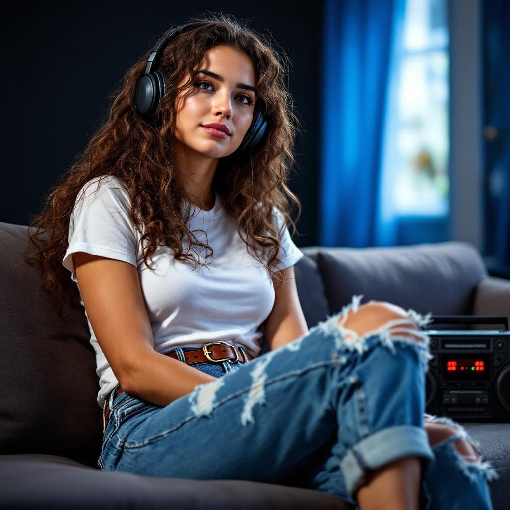 AI generated: The woman in the image is seated on a couch with her legs crossed. She has long, curly brown hair th...