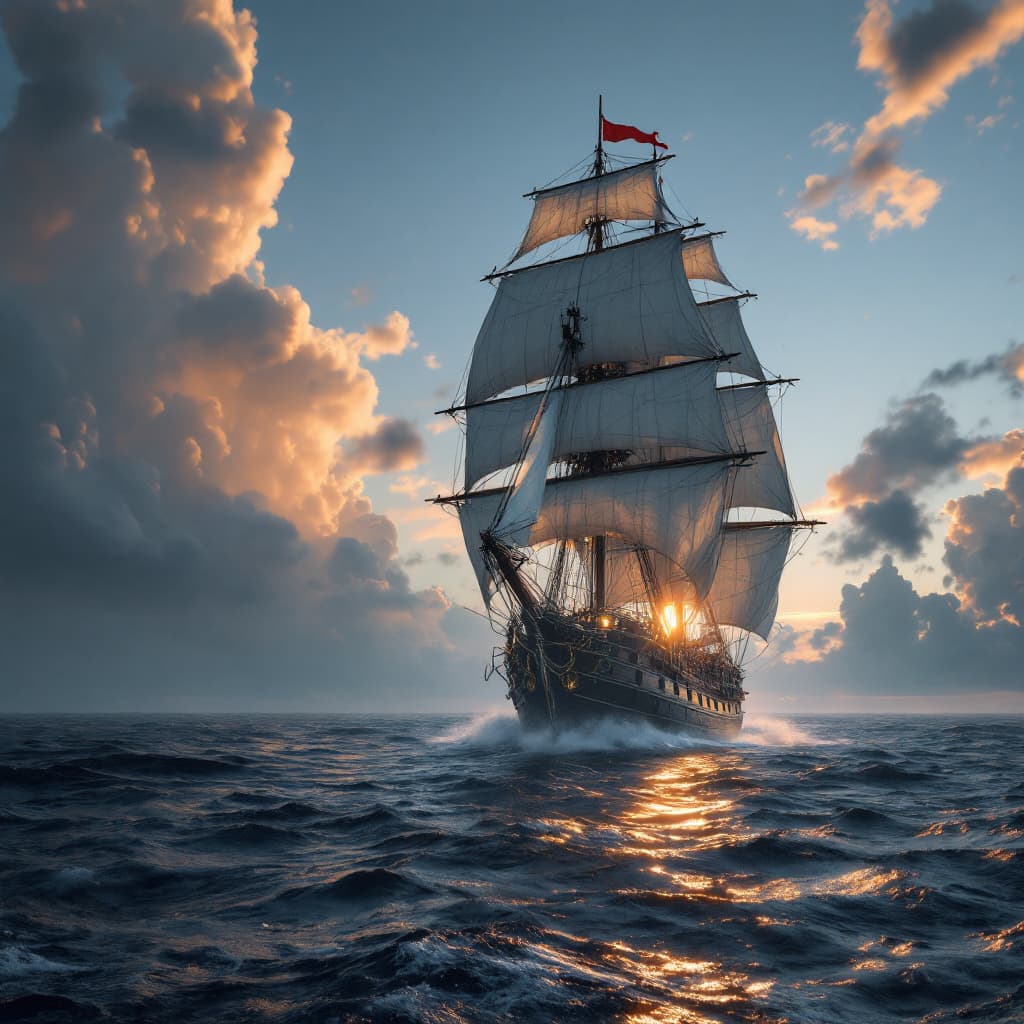 AI generated: Photo of a ultra realistic sailing ship, dramatic light, pale sunrise, cinematic lighting, battered,...