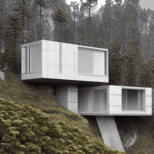 AI generated: hyper-realistic modular house with an "L" layout where the walls are made of windows and Bauhaus-sty...