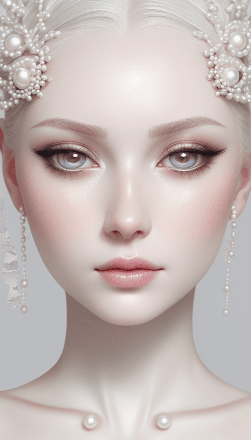 AI generated: **close up of a pale skinned woman's face, makeup, beauty photography. She has tiny seed pearls glue...
