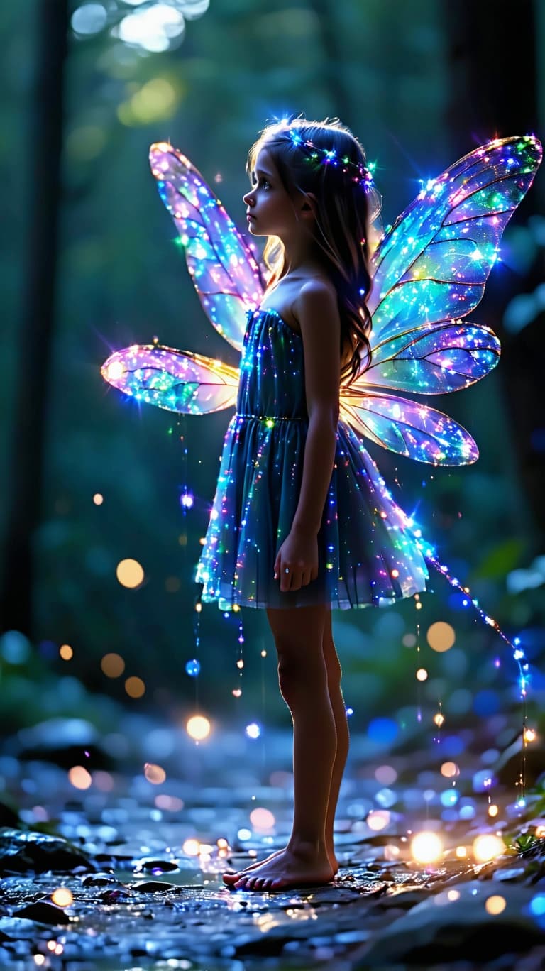 AI generated: A professional photo of a realistic of a Fairy  tween (full Body) with shimmering dragonfly wings, c...