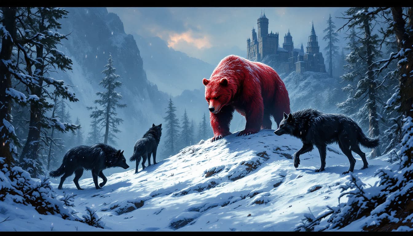AI generated: The black wolves surround the red bear with power, which is on the hill, some snow falls, the castle...