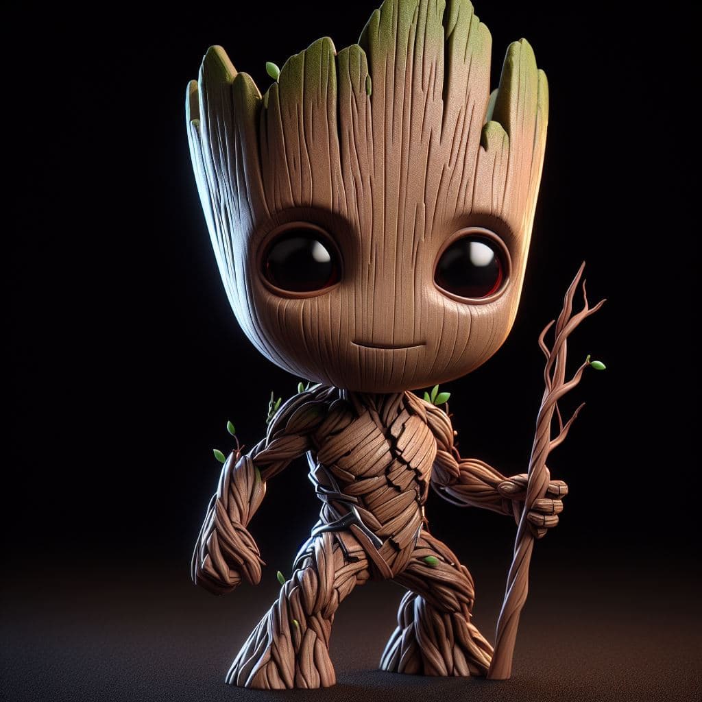 AI generated: Baby Groot de Marvel, convertido en un adorable chibi, obra maestra, 8K, octane render, ray-tracing