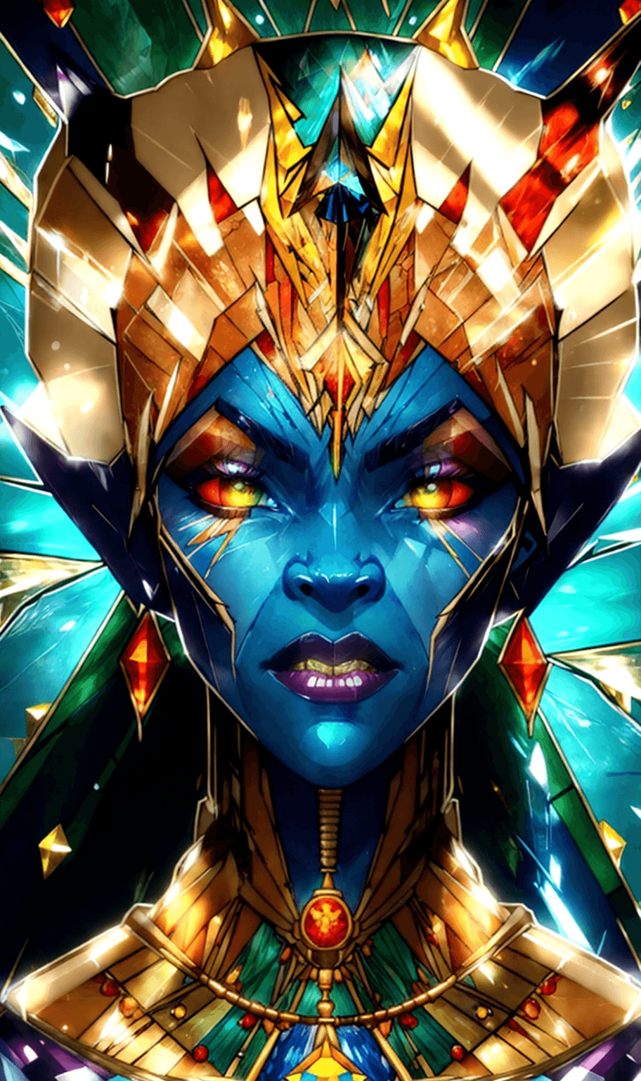 AI generated: stained_glass, close-up portrait (sexy orc wizard), intricate kintsugi, transparent glass, highly de...