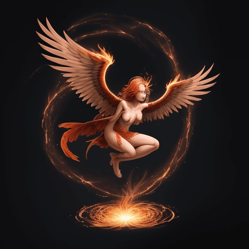 AI generated: phoenix rebirthing out of  ashes, making an infinite loop, with wings sending wind on ashes