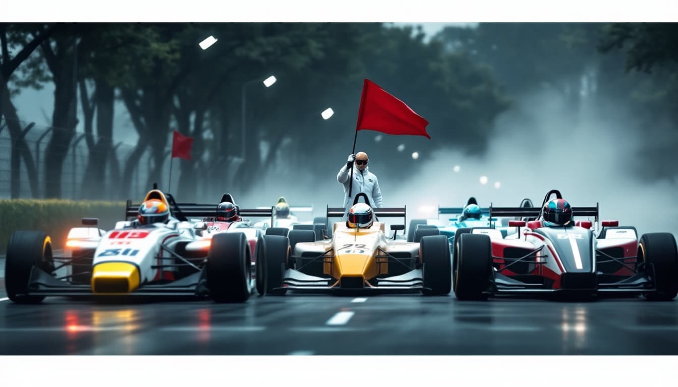 AI generated: At the starting line there are 5 racing cars - cars with different club logos.     The camera looks ...