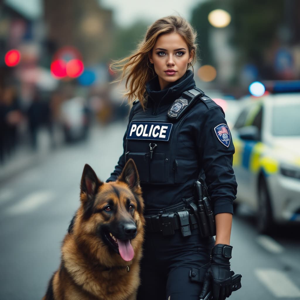 AI generated: pertty female police , very fit body and police dog in the street,On patrol

