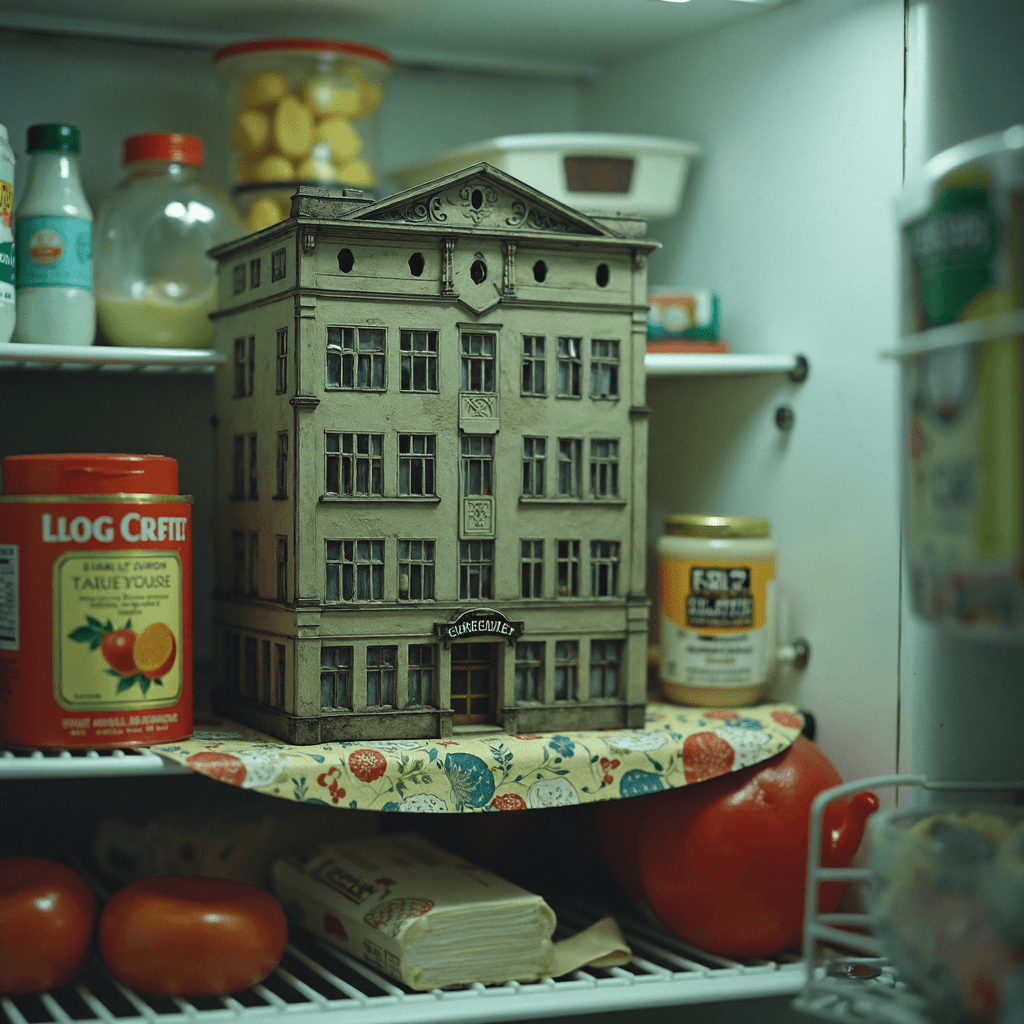AI generated: A Soviet-era concrete apartment building rests on a refrigerator shelf, blending into a scene of eve...