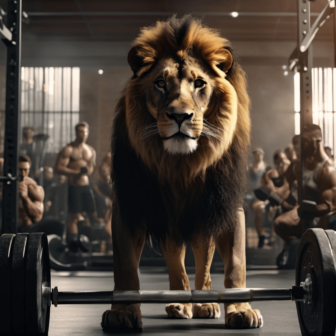 AI generated: a lion lifting weights, in a crowded gym of animals, cinematic lighting, charcoal, black, dark grey,...