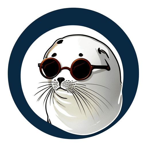 AI generated: draw me a round shaped logo with a white background of a seal wearing round glasses
