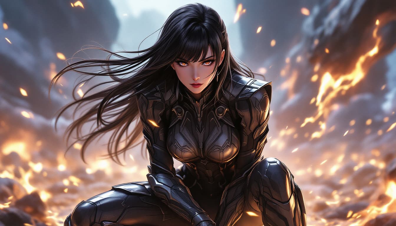 AI generated: Shirara, a fierce warrior with flowing long hair and blunt bangs, kneels in a dynamic pose, one side...