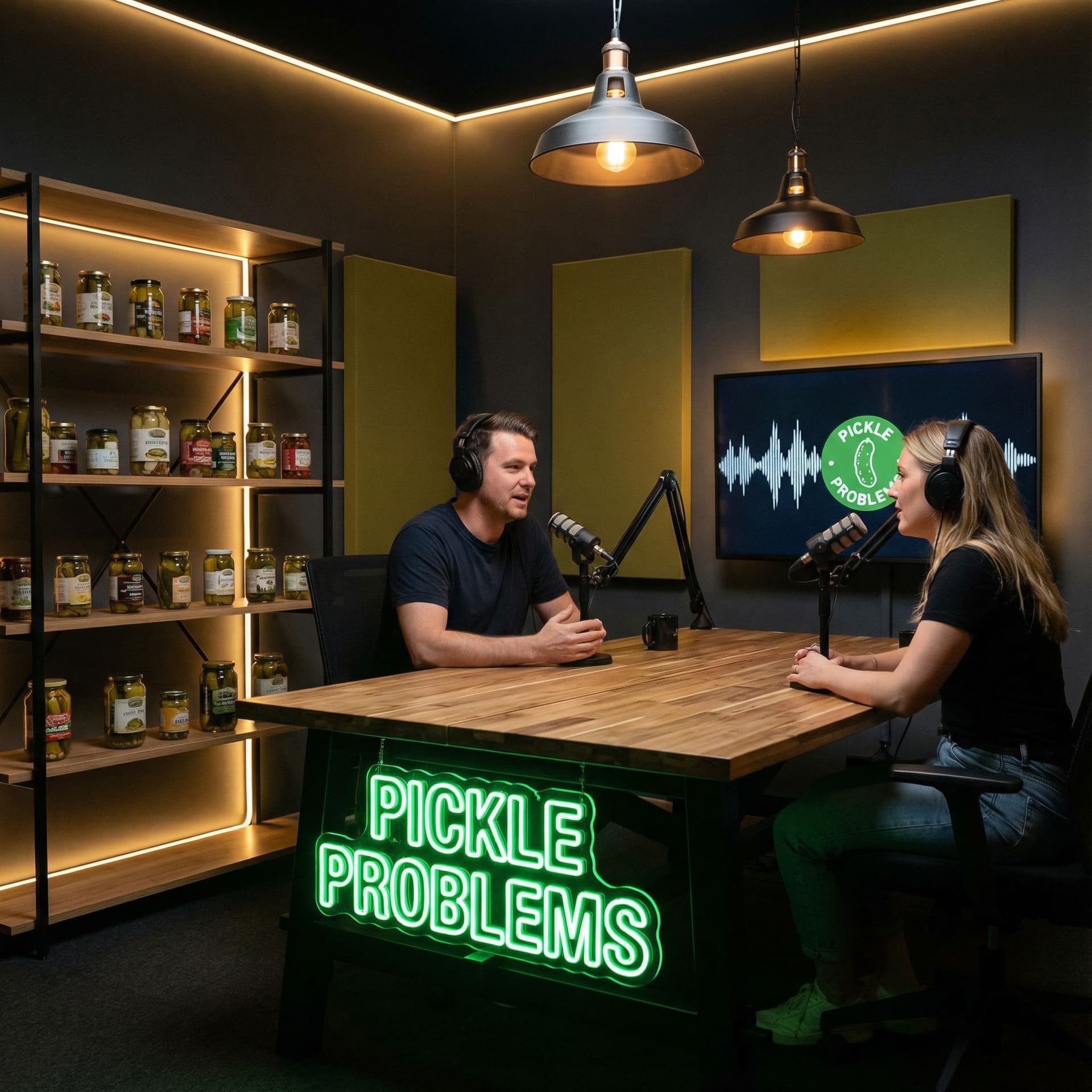 AI generated: create a live working set for a podcast named pickle problems. it should be modern, pickle themed bu...