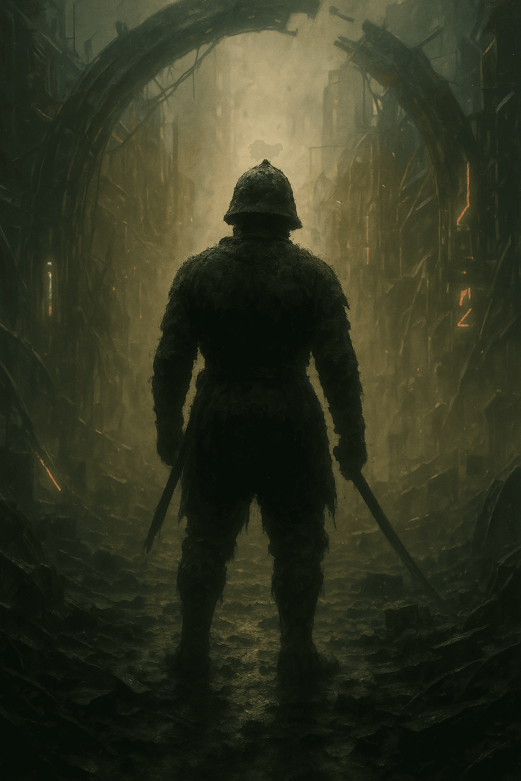 AI generated: "A dreamlike rule-of-thirds digital painting of a muddy warrior standing in the middle of shattered ...