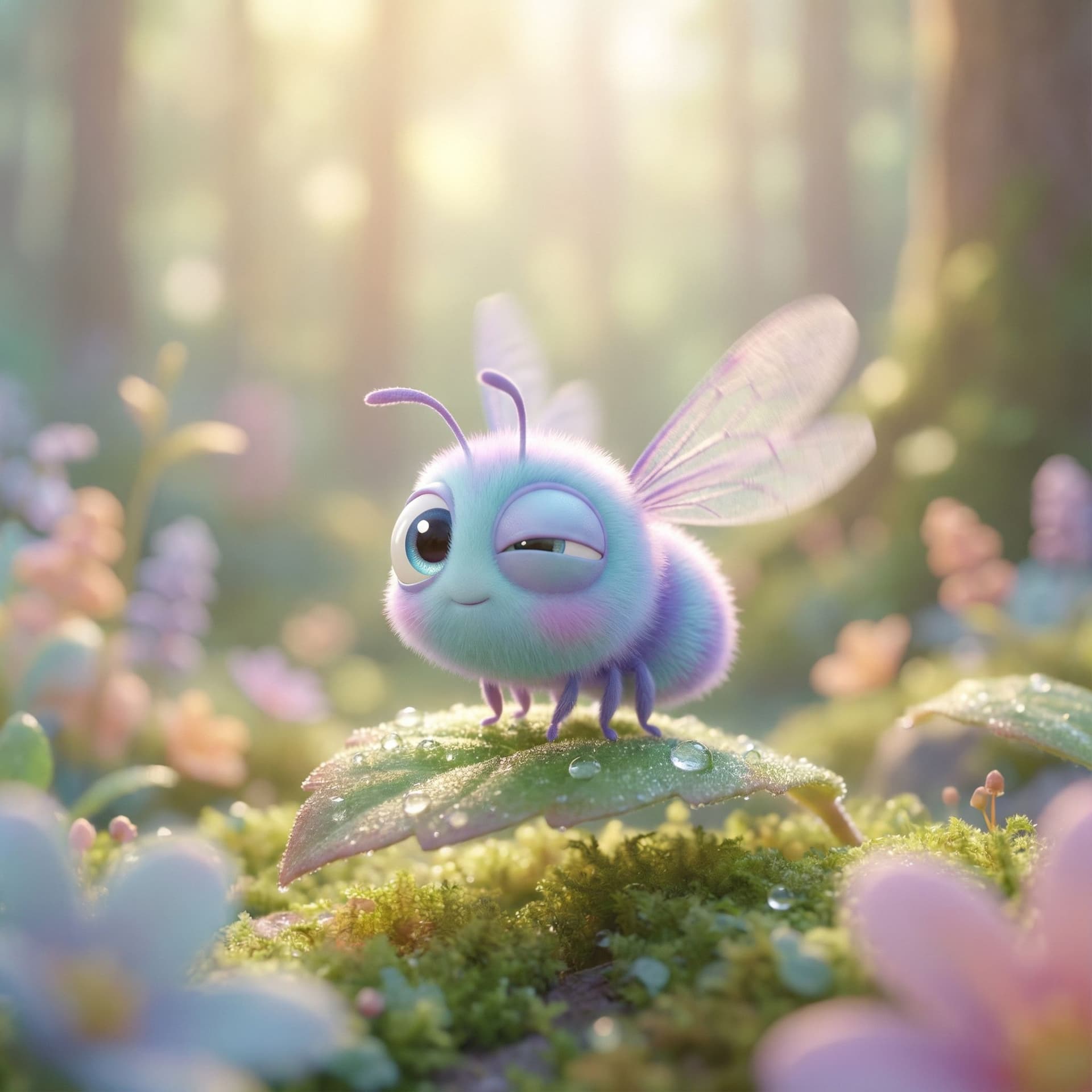 AI generated: Tiny adorable insect with big expressive eyes in Pixar-style 3D animation, soft pastel colors, gentl...