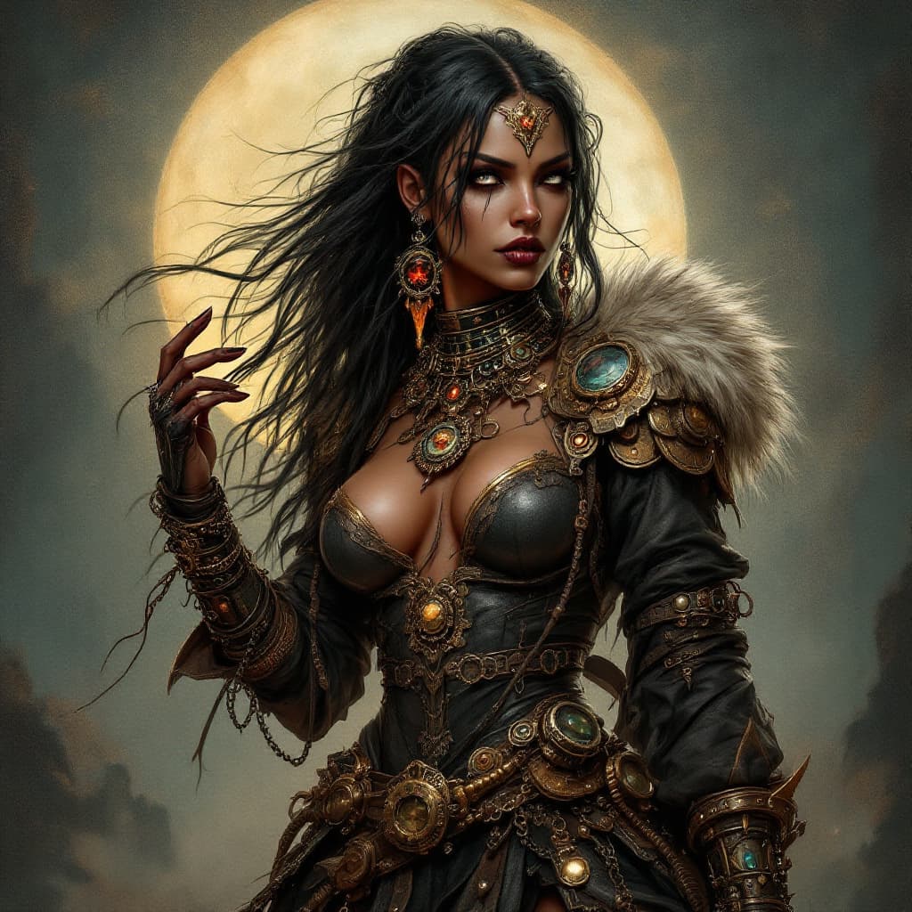 AI generated: a dark skinned warrior maiden with a steam punk rock style   