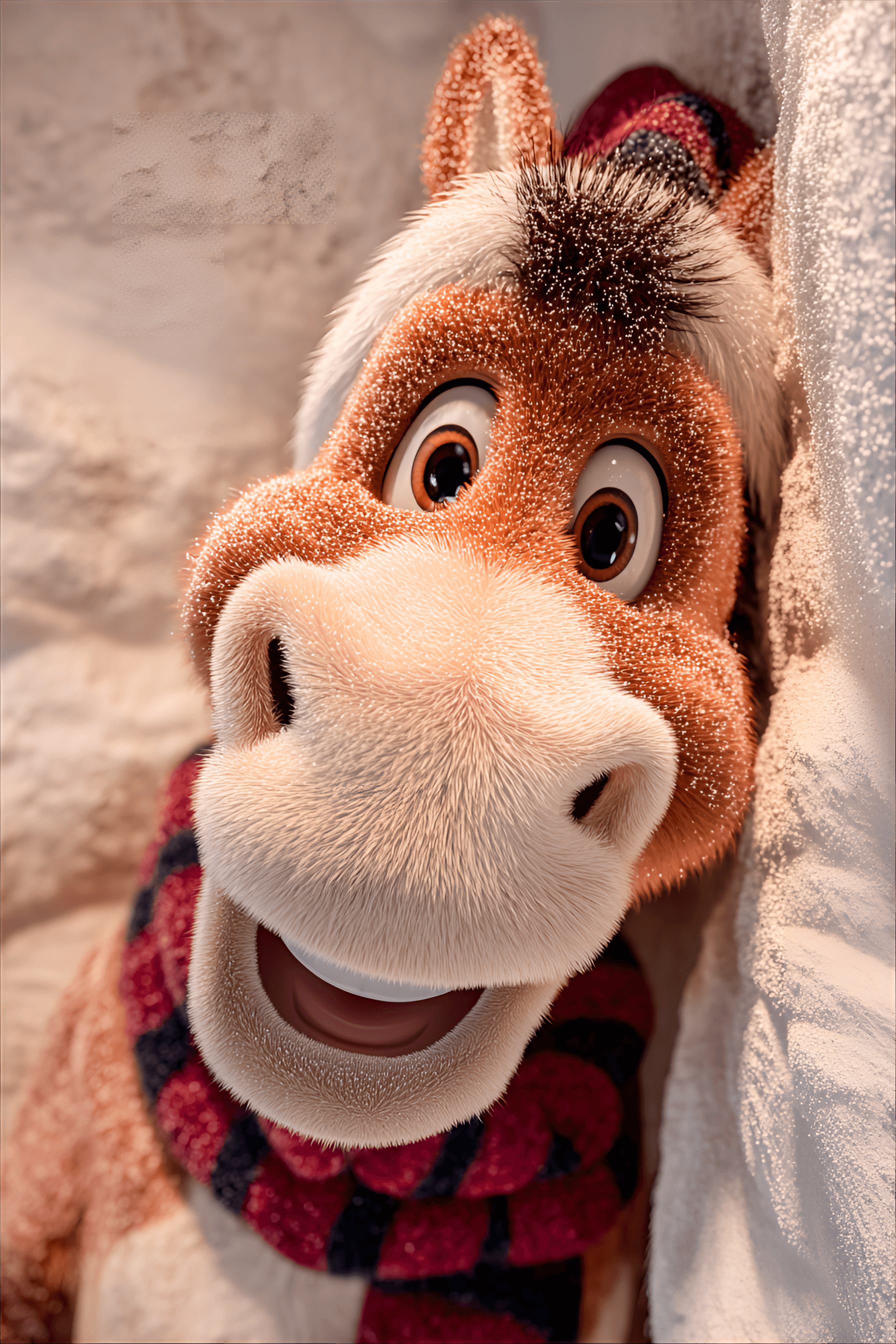 AI generated: cheerful, anthropomorphic horse with reddish-brown fur, sporting a wide, joyous smile, and expressiv...