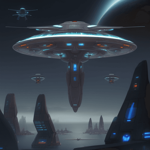 AI generated: Scifi city flying ships ufo alien robots