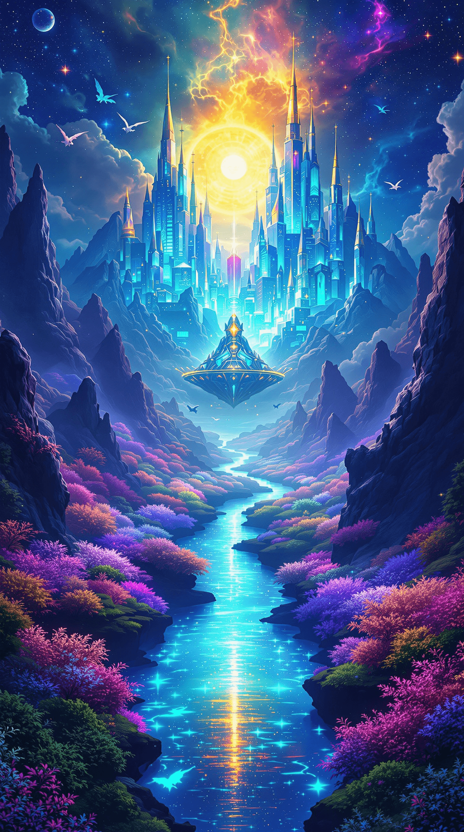 AI generated: An **epic, larger-than-life fantasy landscape** exploding with **vibrant, saturated colors**. A **gl...