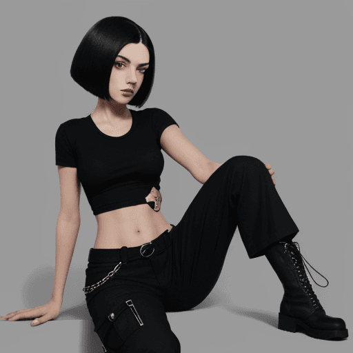 AI generated: A woman with short, dark, straight hair wearing a black t-shirt, military pants, and combat boots in...