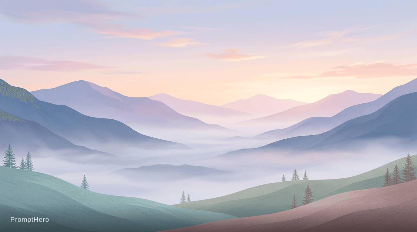AI generated: minimalist mountain landscape, soft pastel colors, misty valleys, calm and peaceful