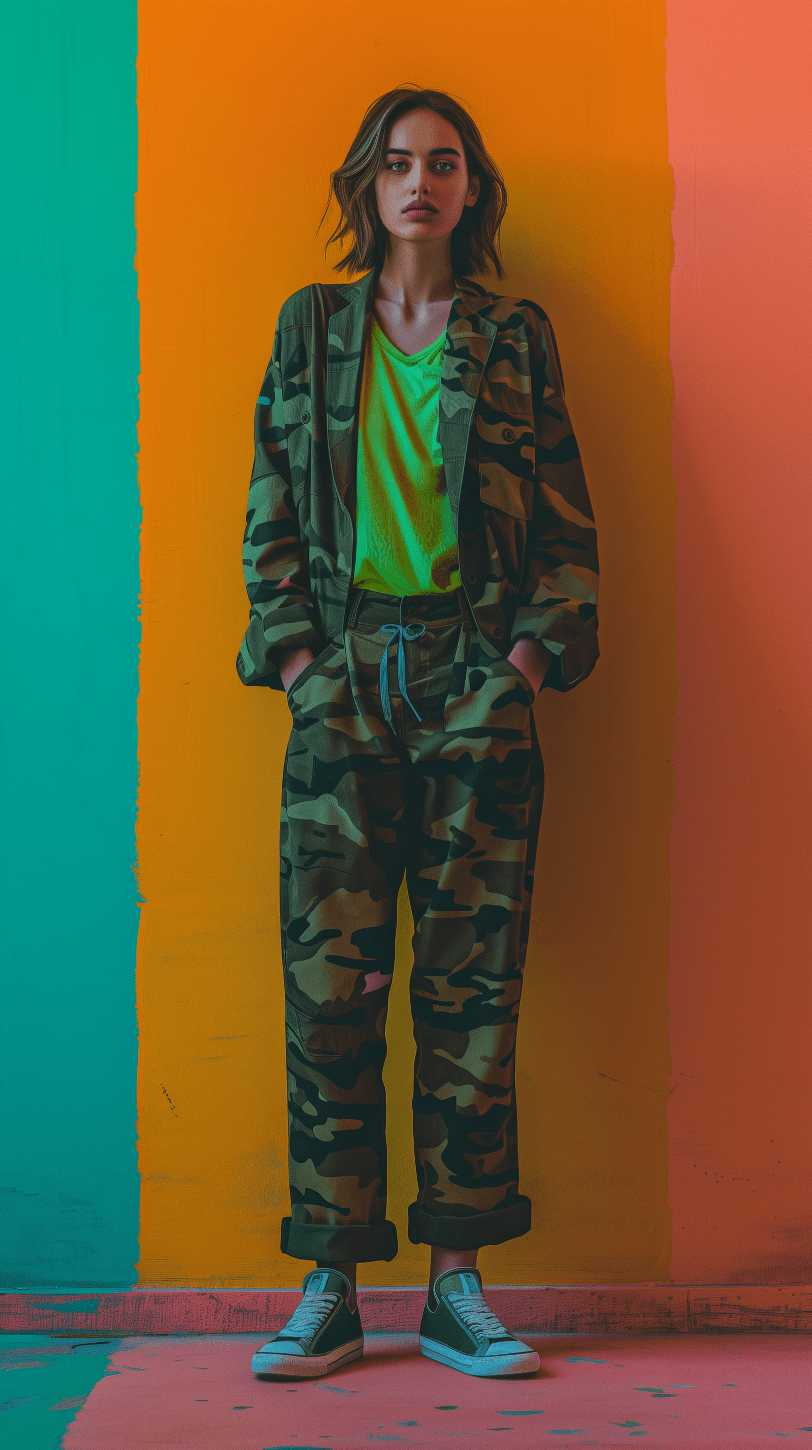 AI generated: full-body of an woman, front view, wearing a camouflage suit and green shirt with low-top sneakers, ...