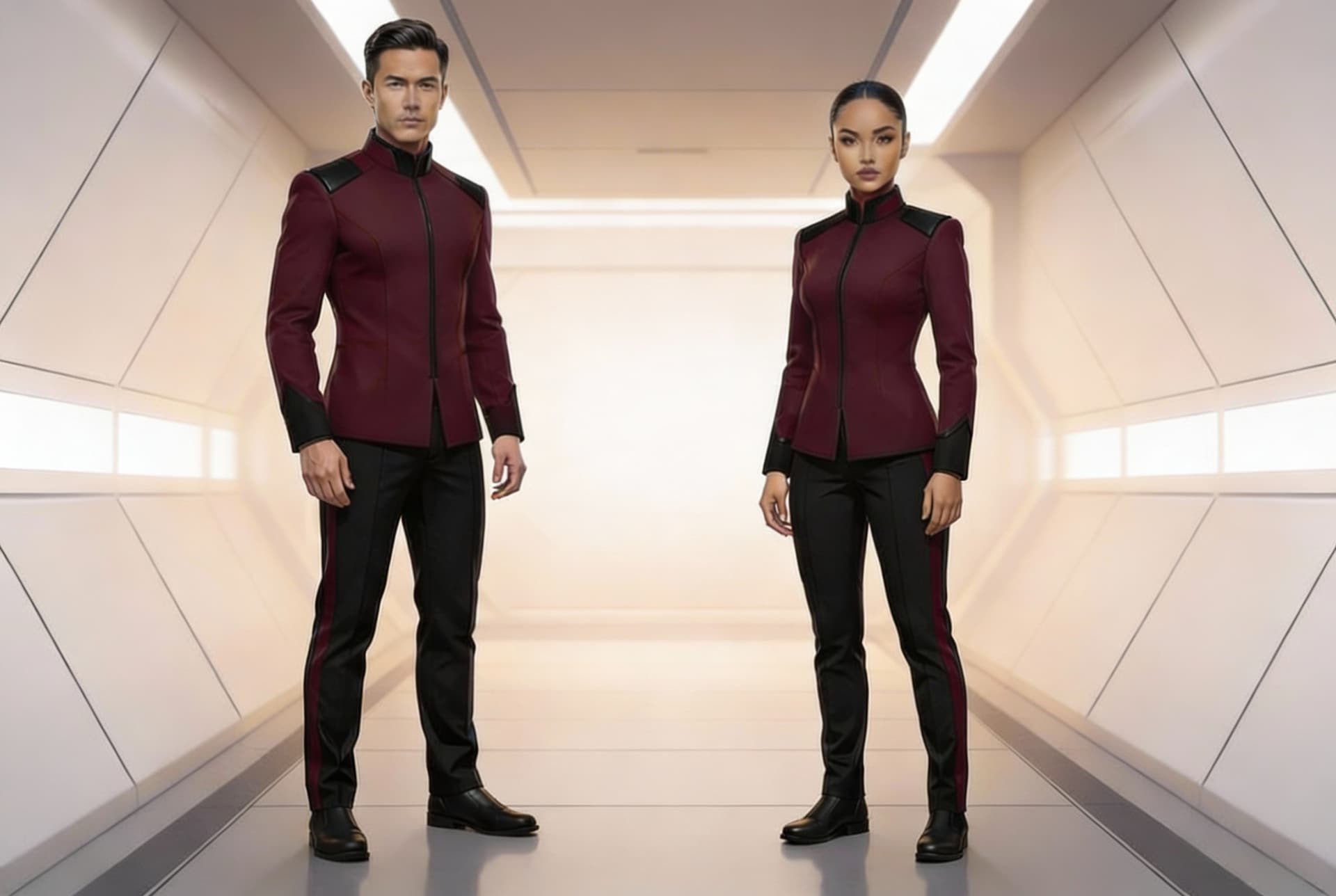 AI generated: Create matching Sci-Fi uniforms. Use the reference image 1, and add Black shoulder cuffs to the unif...