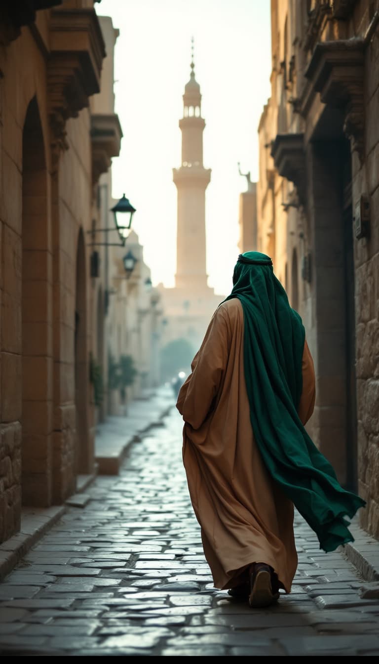 AI generated: Wide Shot - Eye-Level - Approaching the Mosque
English: Imam Ali, wearing a long light brown robe wi...