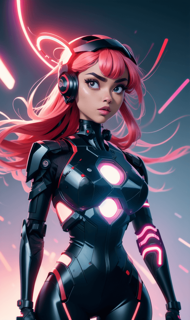 AI generated:  Futuristic cyborg girl featuring a captivating cybernetic helmet adorned with vibrant triangular re...