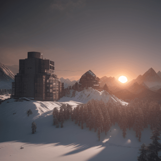 AI generated: Photo of a ultra realistic Research center, mountain building, circle and square shapes, dramatic li...