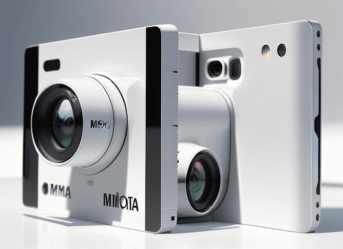 AI generated: Two slim cameras, spread out on a glossy white surface, front view, hyper realistic, highly detailed...