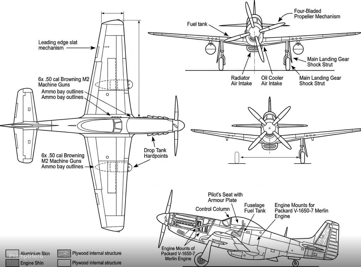 AI generated: A detailled blueprint of a p51D mustang 