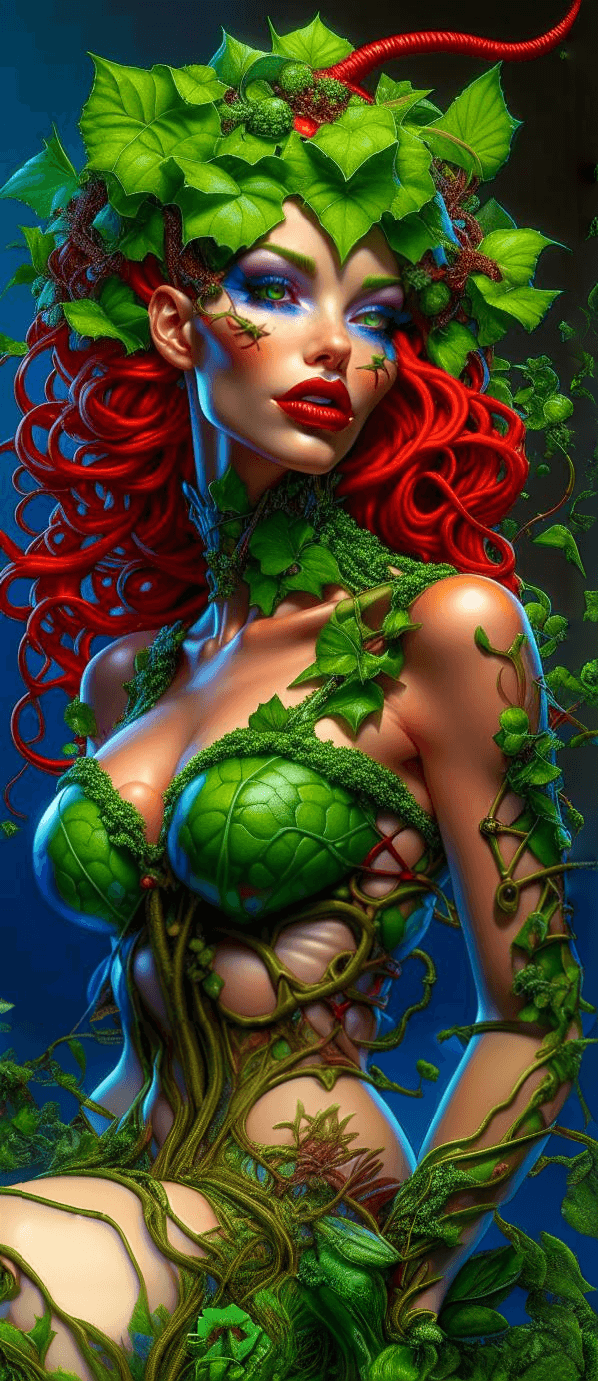 AI generated: intricate artwork masterpiece, royal poison ivy in a micro bikini siting, sf, mad sky hallucination ...