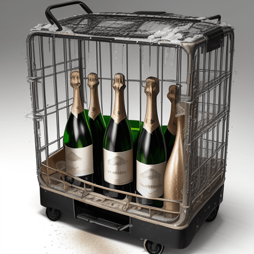AI generated: A small transport cage with several bottles of champagne inside, which have burst and spilled their ...