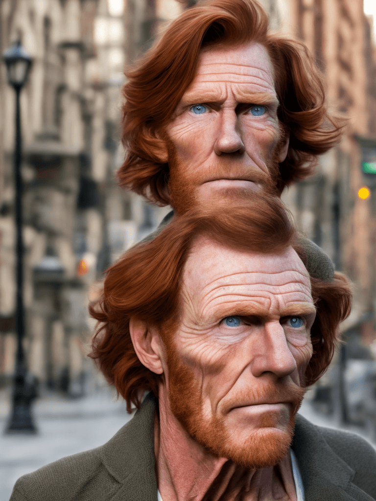 AI generated: Hyper realistic eye level photo of a man, older, reddish brown hair mid-length center part, strong c...