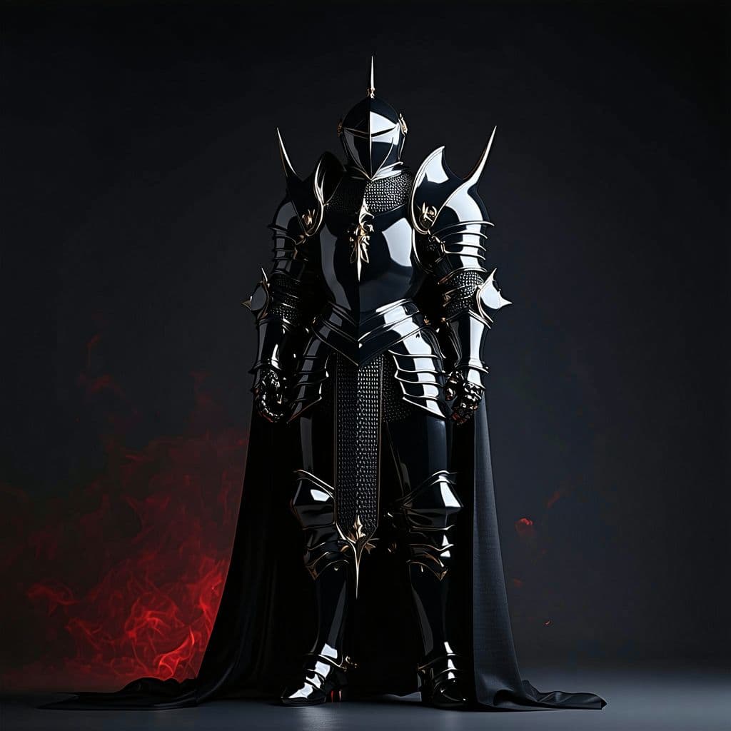 AI generated: Full-body knight in shiny black armor with pointed details, with a black cape and with a black backg...