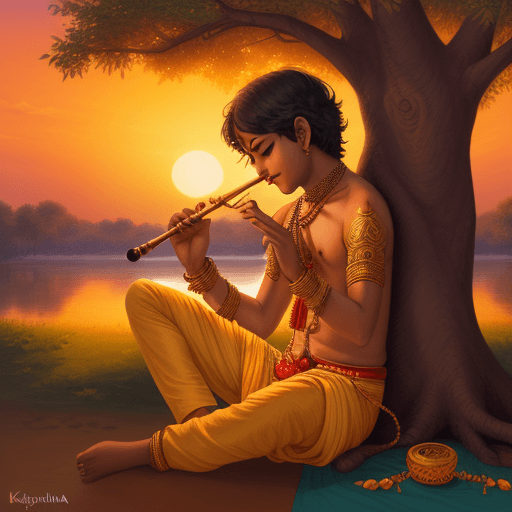 AI generated: Krishna Playing flute under a tree. Sunset.