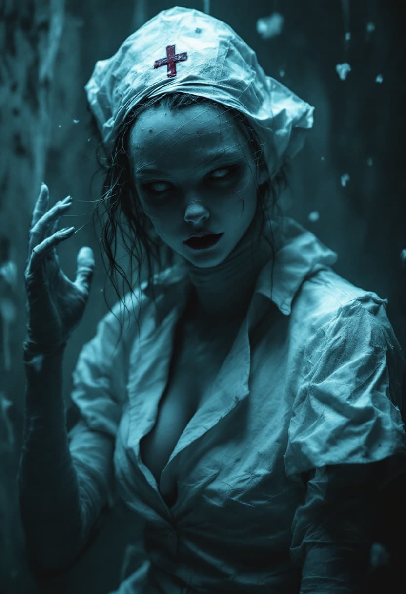 AI generated: Hyperalistic photoart dark and terrifying themes, evil nurse from Silent Hill, in a short uniform wi...