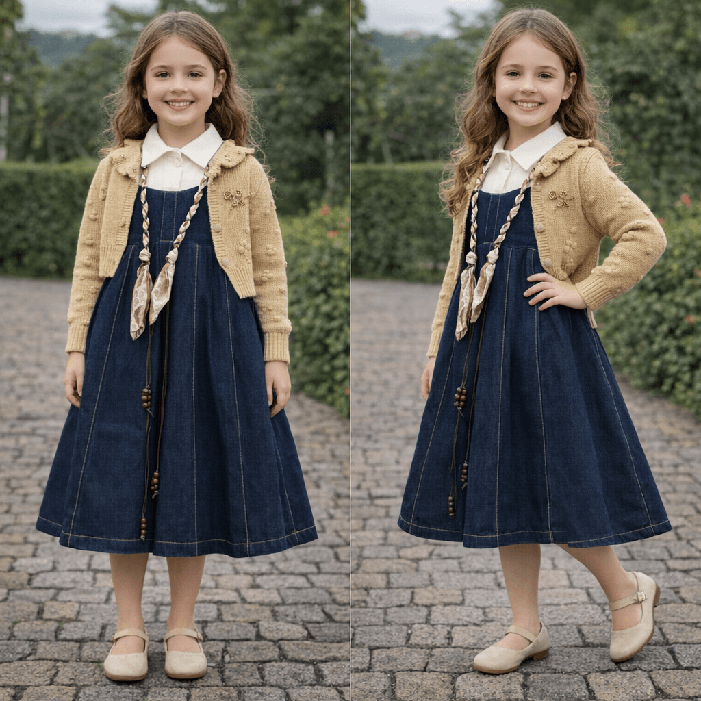 AI generated: Complete image of a girl of 8 years old from head to feet having this clothes with 2 different posit...