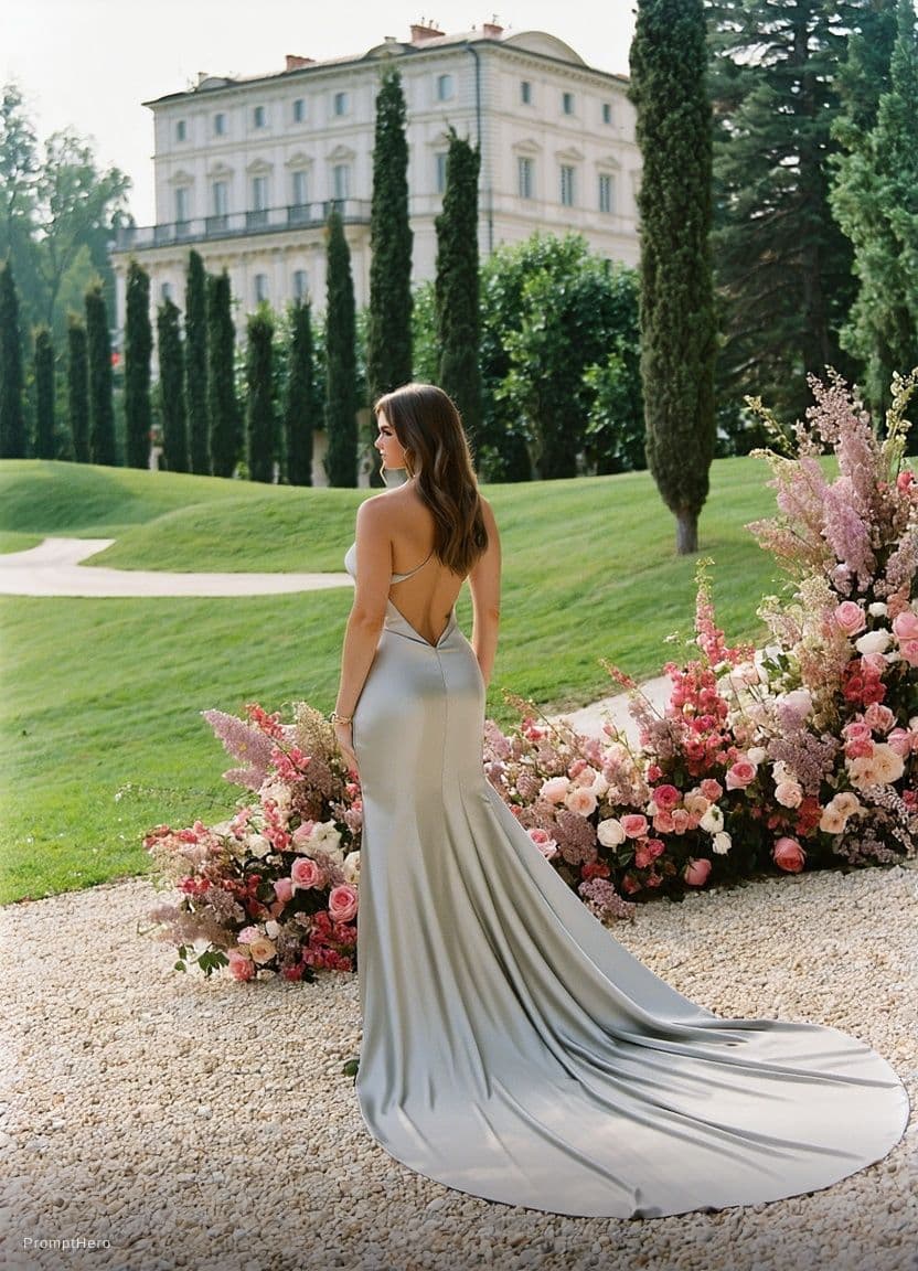 AI generated: replace background with luxury hotel rooom, strapless dress with plunging neck line.remove flowers f...