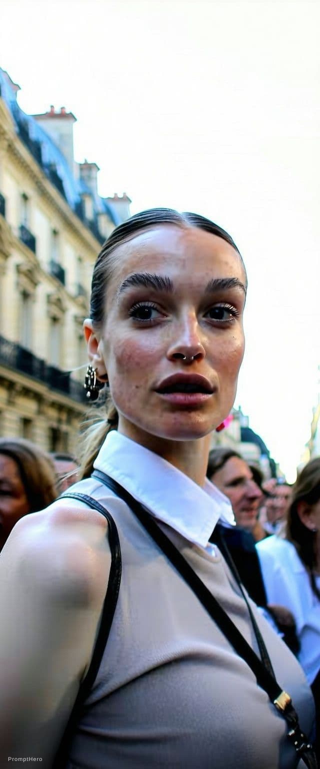 AI generated: Paparazzi-style extreme close-up photo of a woman with striking facial features, caught off-guard wh...