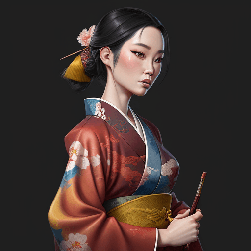AI generated: A Mulan painting in a kimono, a detailed painting by Magali Villeneuve, presented in cgsociety, fant...